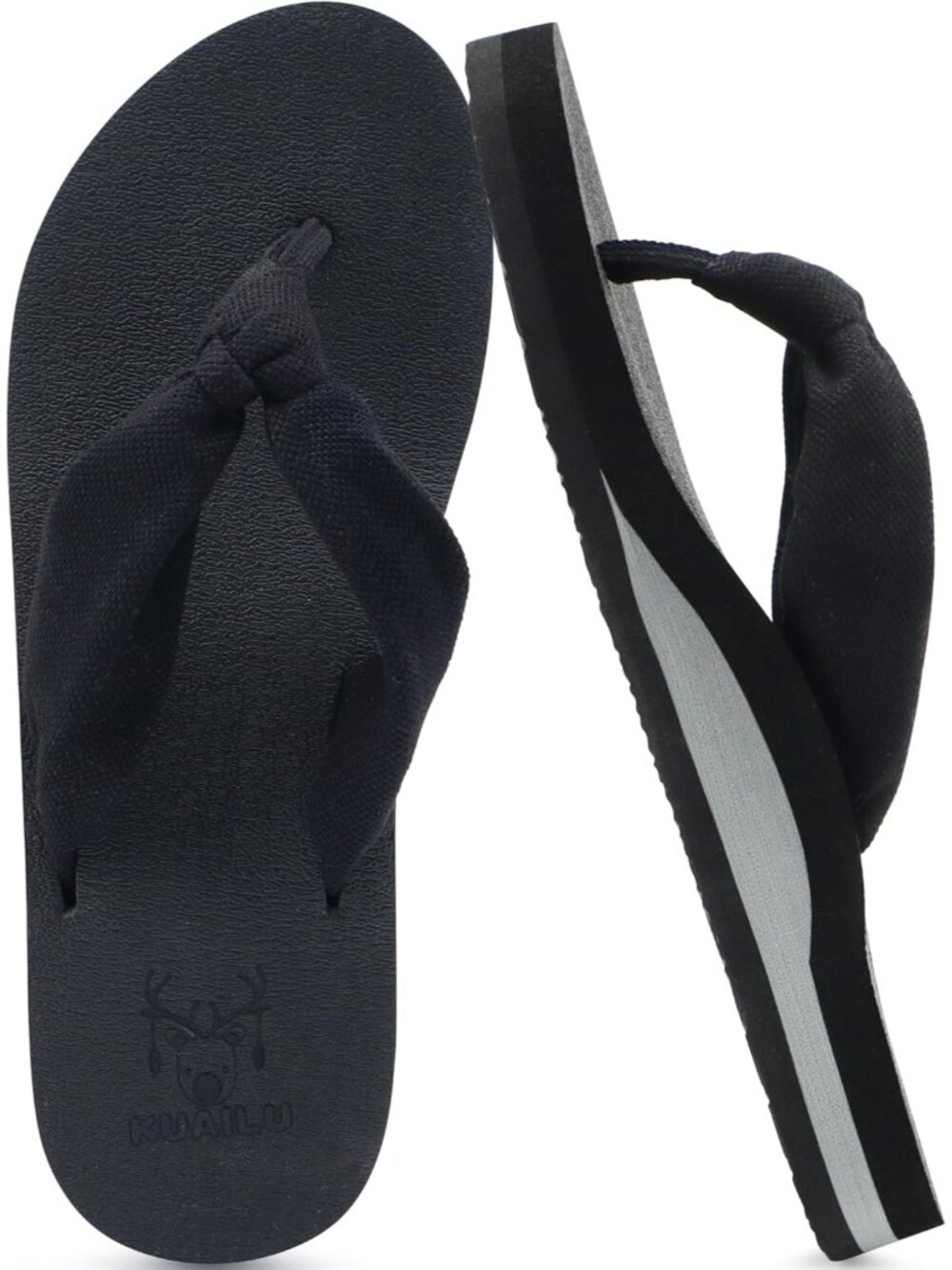 Women's Black Khaki Fabric Arch Support Yoga Mat Beach Walking Flip Flops Sandal